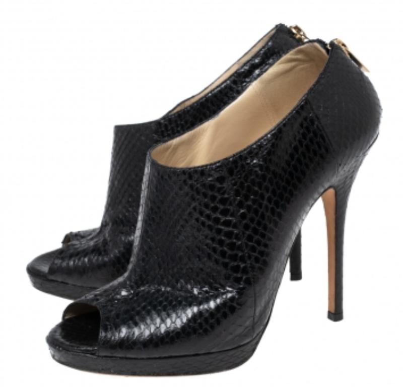 Jimmy Choo Black Python Leather Peep-Toe Ankle Booties Size 38.5 In Good Condition For Sale In Dubai, Al Qouz 2