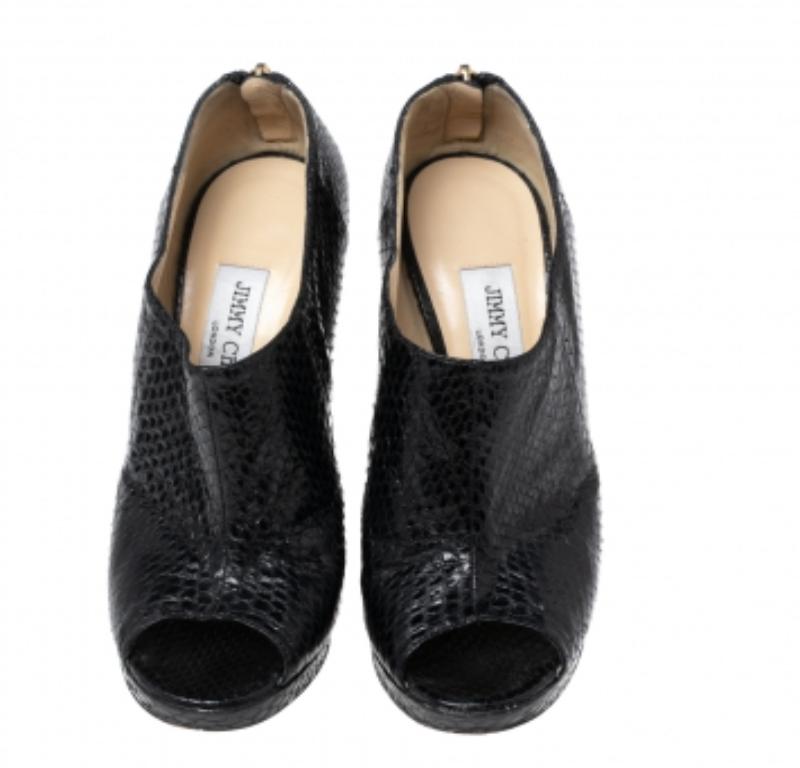 Women's Jimmy Choo Black Python Leather Peep-Toe Ankle Booties Size 38.5 For Sale