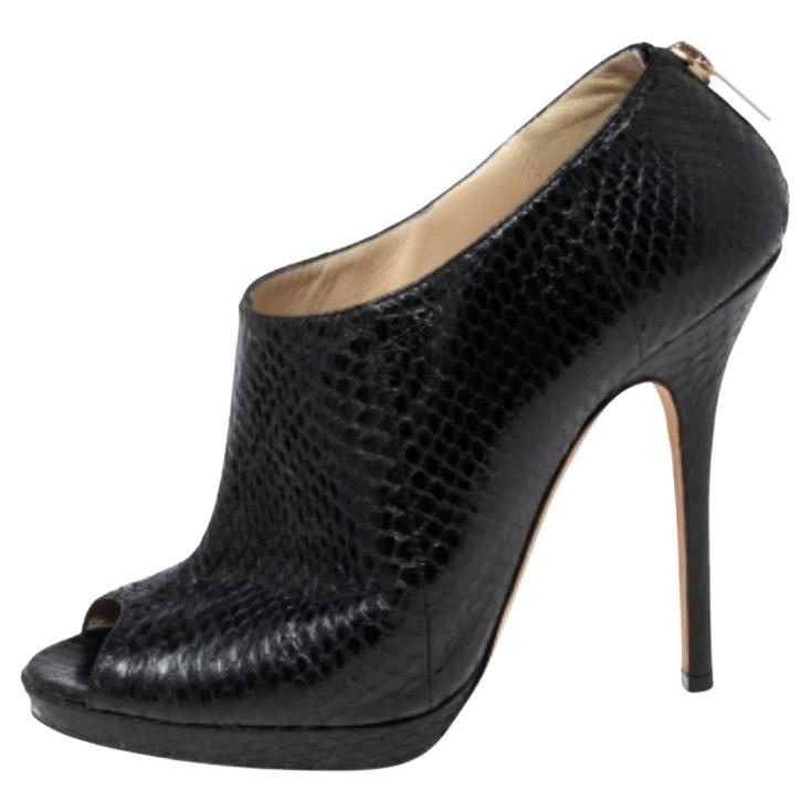 Jimmy Choo Black Python Leather Peep-Toe Ankle Booties Size 38.5 For Sale
