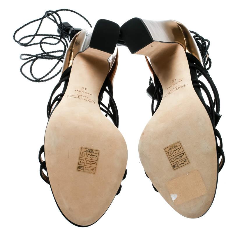  Jimmy Choo - Sandales en satin noir et cuir bronze métallisé avec diamants à nouer à la cheville Pour femmes 
