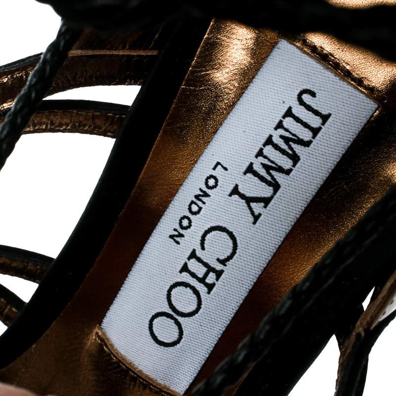 Jimmy Choo - Sandales en satin noir et cuir bronze métallisé avec diamants à nouer à la cheville 1