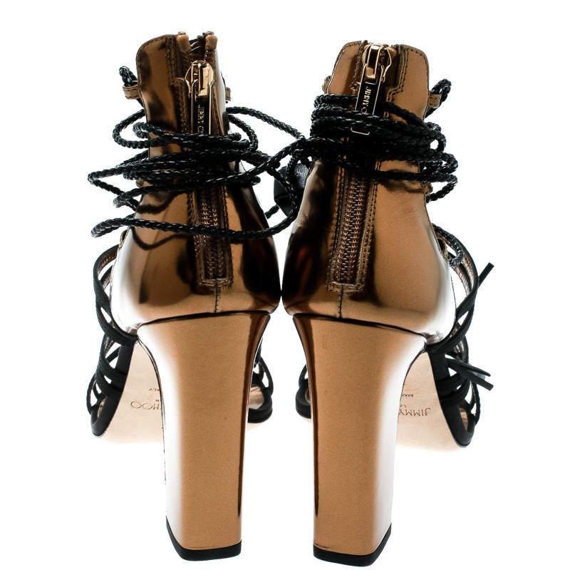 Jimmy Choo - Sandales en satin noir et cuir bronze métallisé avec diamants à nouer à la cheville 2