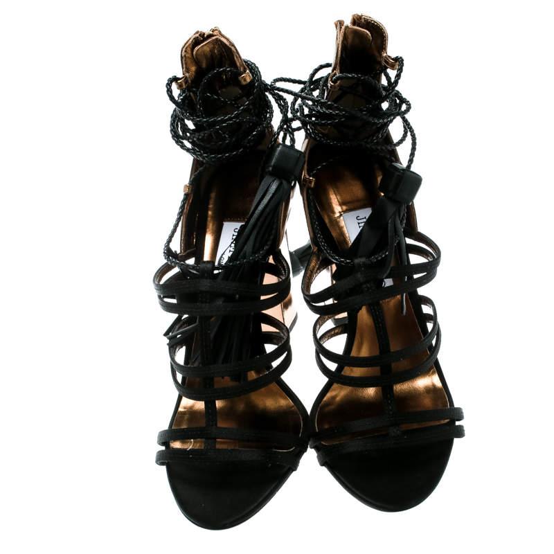 Jimmy Choo - Sandales en satin noir et cuir bronze métallisé avec diamants à nouer à la cheville 3