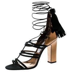 Jimmy Choo Black Satin and Metallic Bronze Leather Diamond Ankle Tie Up Sandals