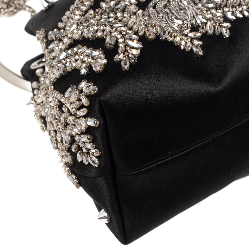 Jimmy Choo Black Satin Bon Bon Crystal Embellished Bucket Bag In Good Condition In Dubai, Al Qouz 2