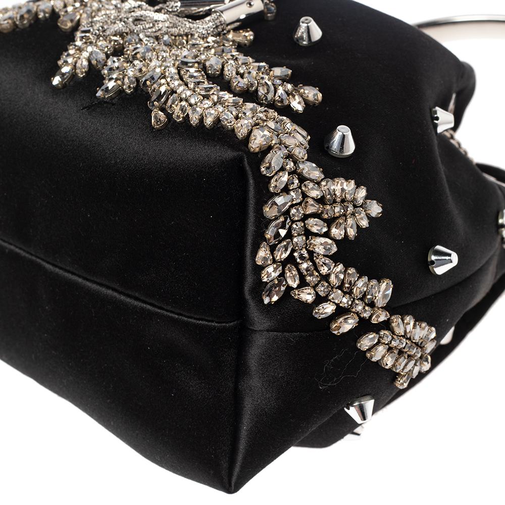 Women's Jimmy Choo Black Satin Bon Bon Crystal Embellished Bucket Bag