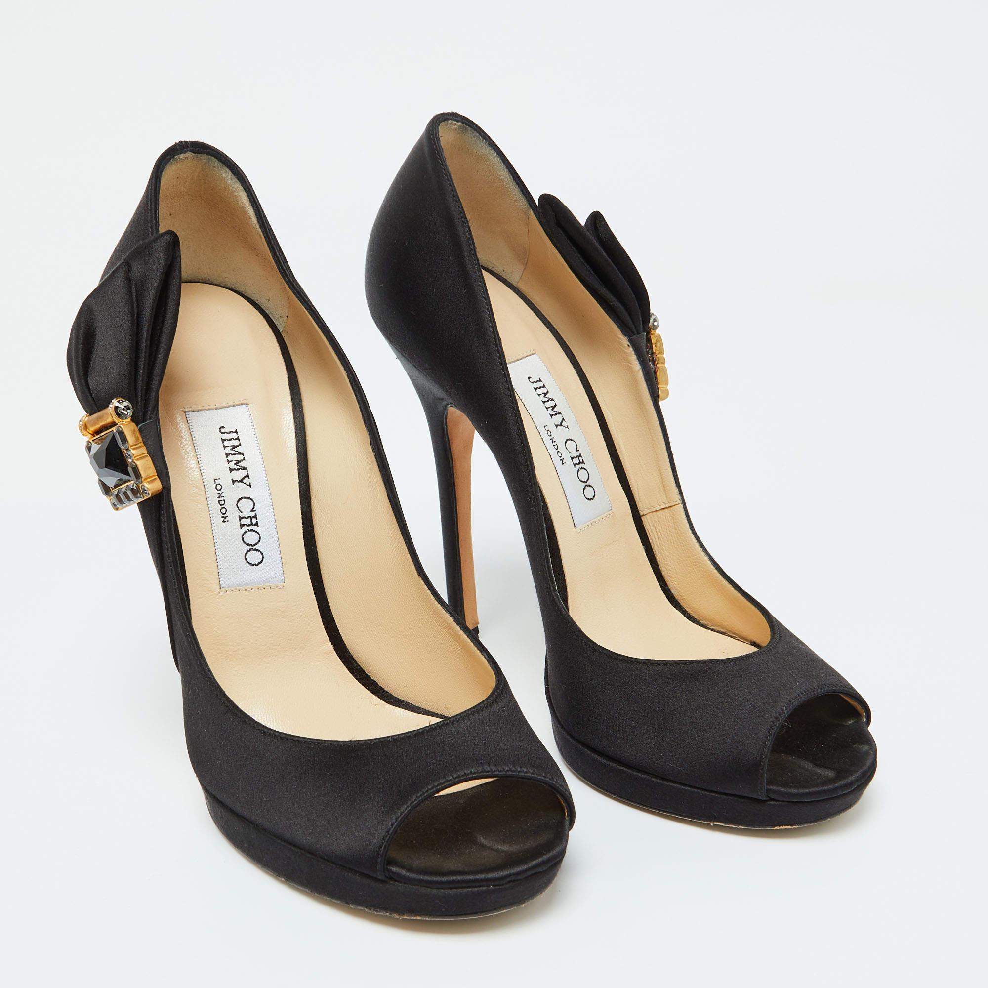 Women's Jimmy Choo Black Satin Bow Pumps Size 38 For Sale