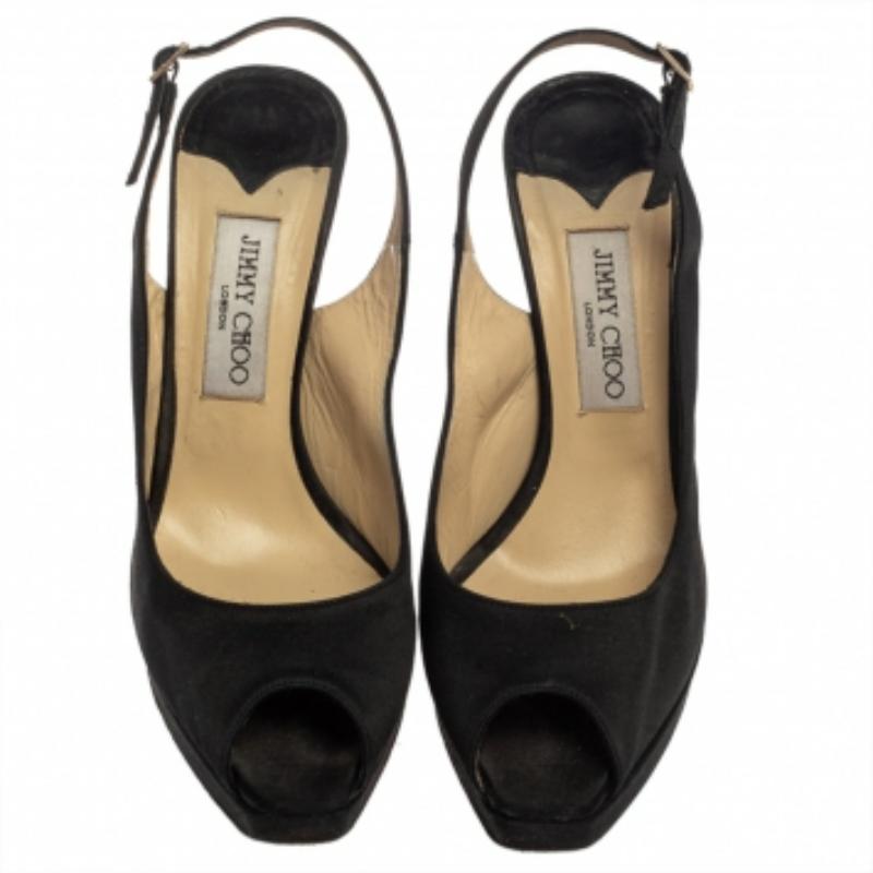 Jimmy Choo Black Satin Clue Peep Toe Platform Slingback Sandals Size 39 In Fair Condition For Sale In Dubai, Al Qouz 2