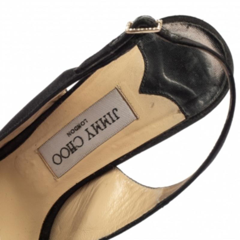 Jimmy Choo Black Satin Clue Peep Toe Platform Slingback Sandals Size 39 For Sale 2