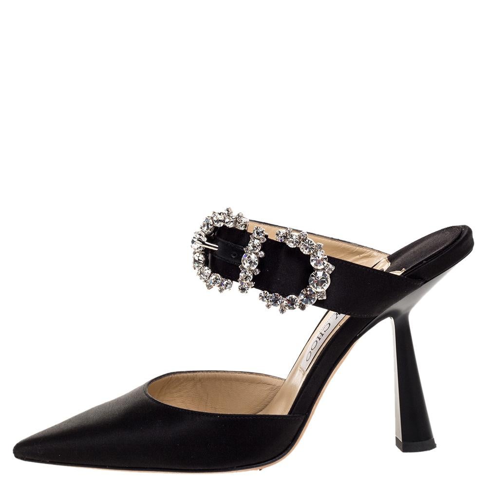 Jimmy Choo Negro Satén Cristal Hebilla Embellished Smokey Mules Talla 38 1