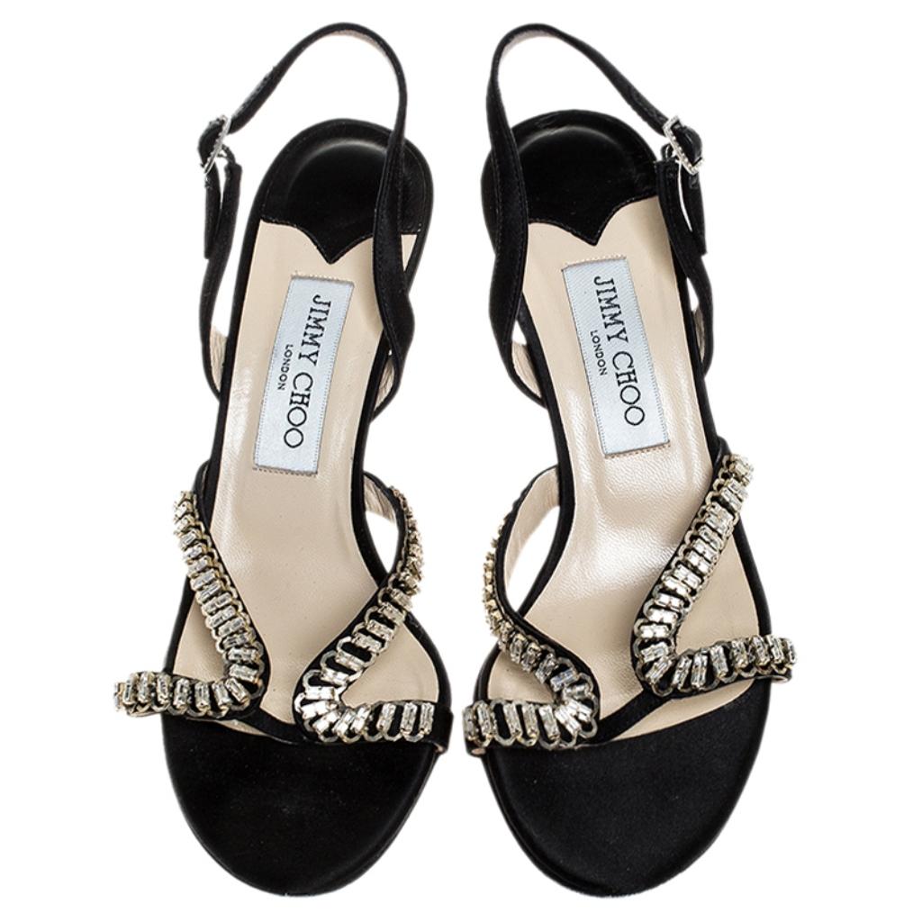 Jimmy Choo Black Satin Crystal Embellished Slingback Open Toe Sandals Size 38 In Good Condition In Dubai, Al Qouz 2