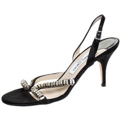 Jimmy Choo Black Satin Crystal Embellished Slingback Open Toe Sandals Size 38