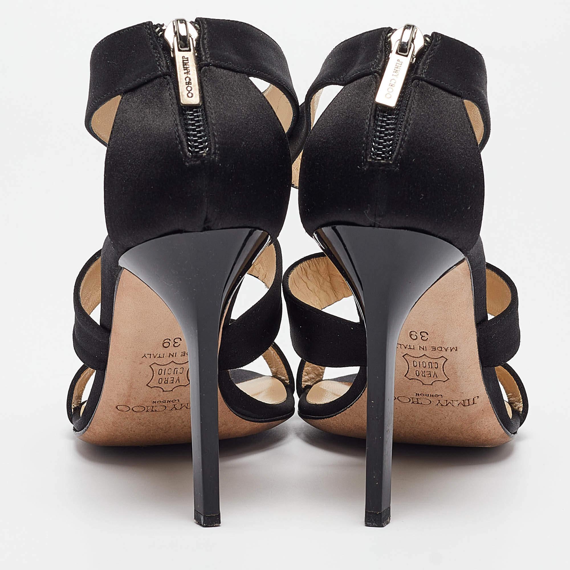Jimmy Choo Black Satin Jeweled Strappy Sandals Size 39 For Sale 1