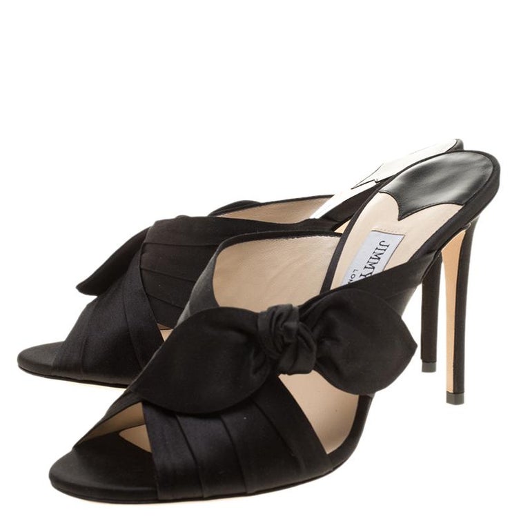 Jimmy Choo Black Satin Keely Knotted Bow Peep Toe Slides Size 40 For ...