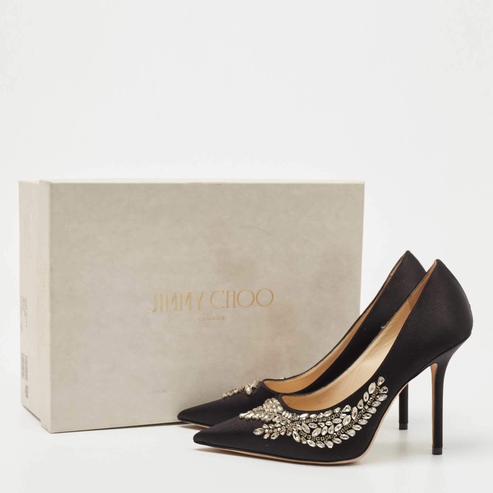Jimmy Choo Black Satin Love Crystal Embellished Pointed Toe Pumps Size 37.5 For Sale 5