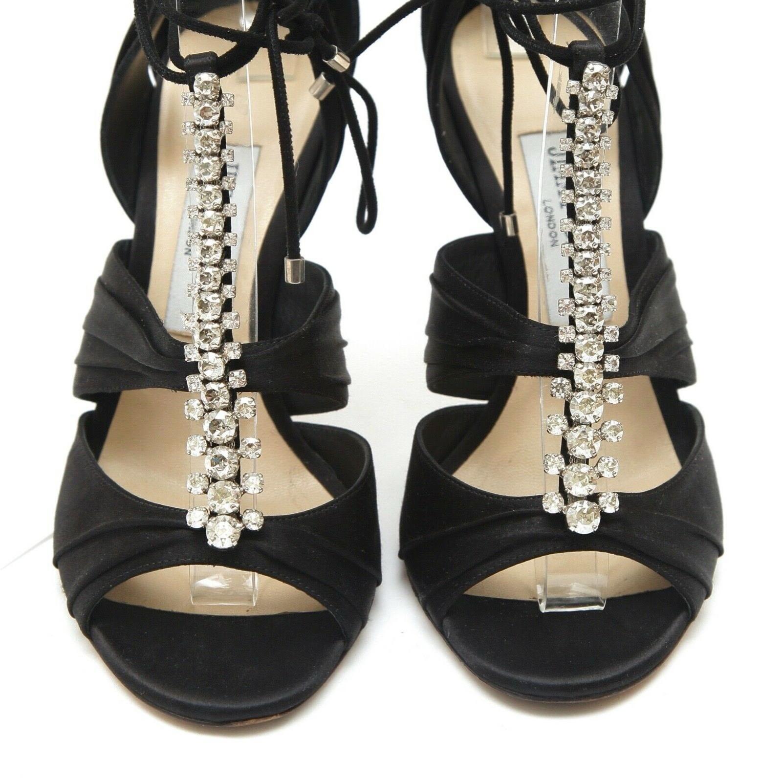 JIMMY CHOO Black Satin Sandal Crystal KENNY 100 Leather T-Strap 37.5 $1295 In Good Condition For Sale In Hollywood, FL