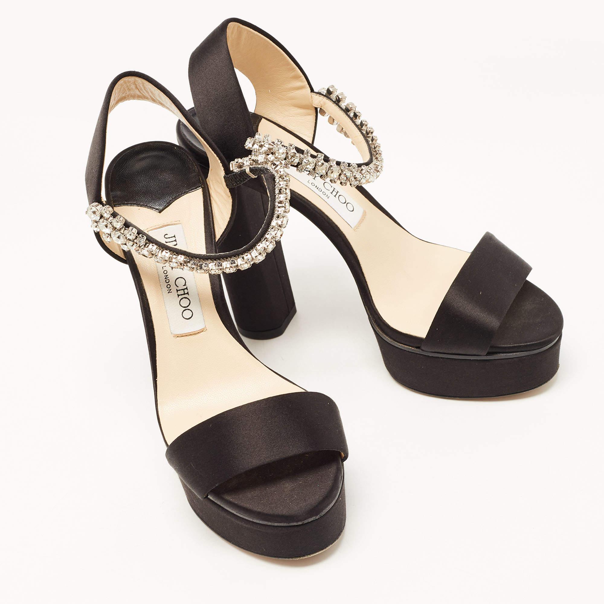 Jimmy Choo Black Satin Santina Platform Sandals Size 37.5 In Good Condition For Sale In Dubai, Al Qouz 2