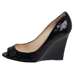 Jimmy Choo Black Sequins Peep Toe Wedge Pumps Size 39.5