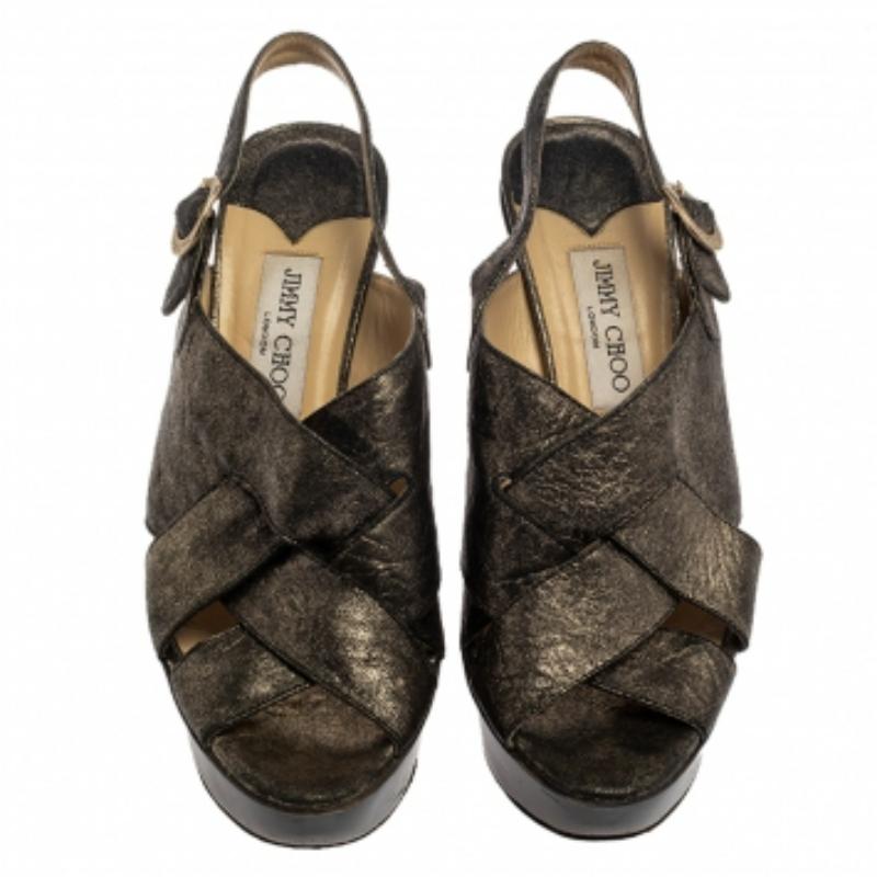 Jimmy Choo Black Shimmery Leather Platform Sandals Size 40.5 In Fair Condition For Sale In Dubai, Al Qouz 2