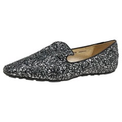 Jimmy Choo Schwarz/Silber Glitter Wheel Smoking Slippers Größe 39,5
