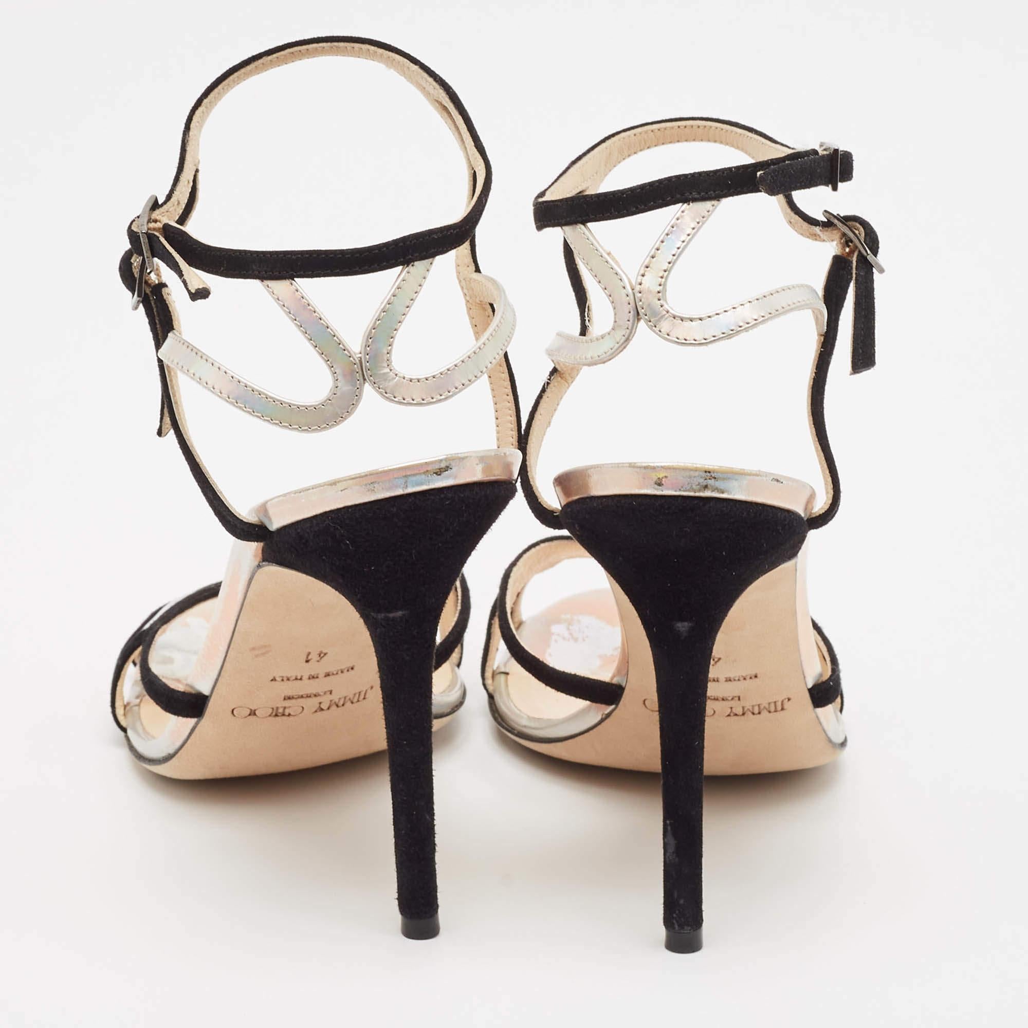 Women's Jimmy Choo Black/Silver Suede and Iridescent Leather Ankle Strap Sandals Size 41 For Sale