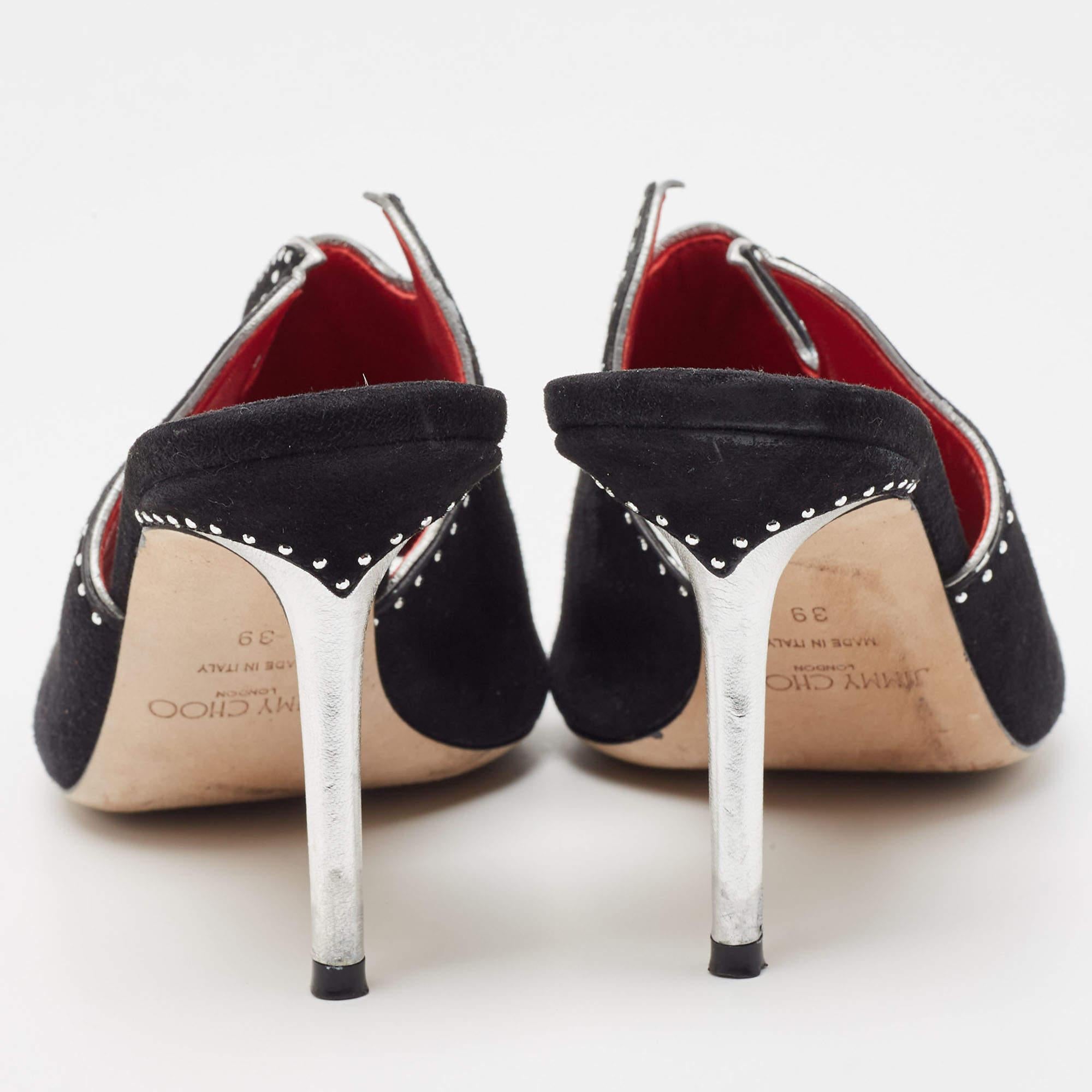 Jimmy Choo Black/Silver Suede Mahi Cutout Mule Sandals Size 39 In Good Condition For Sale In Dubai, Al Qouz 2