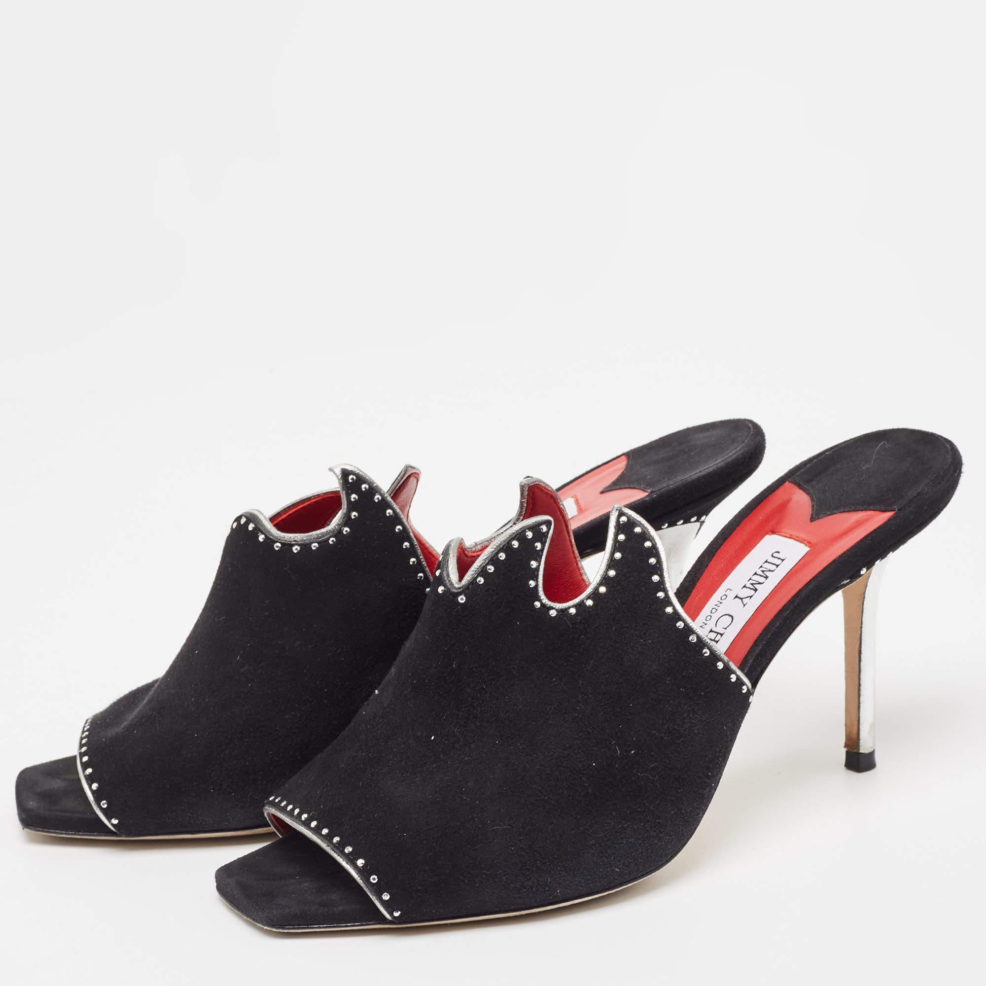 Women's Jimmy Choo Black/Silver Suede Mahi Cutout Mule Sandals Size 39 For Sale