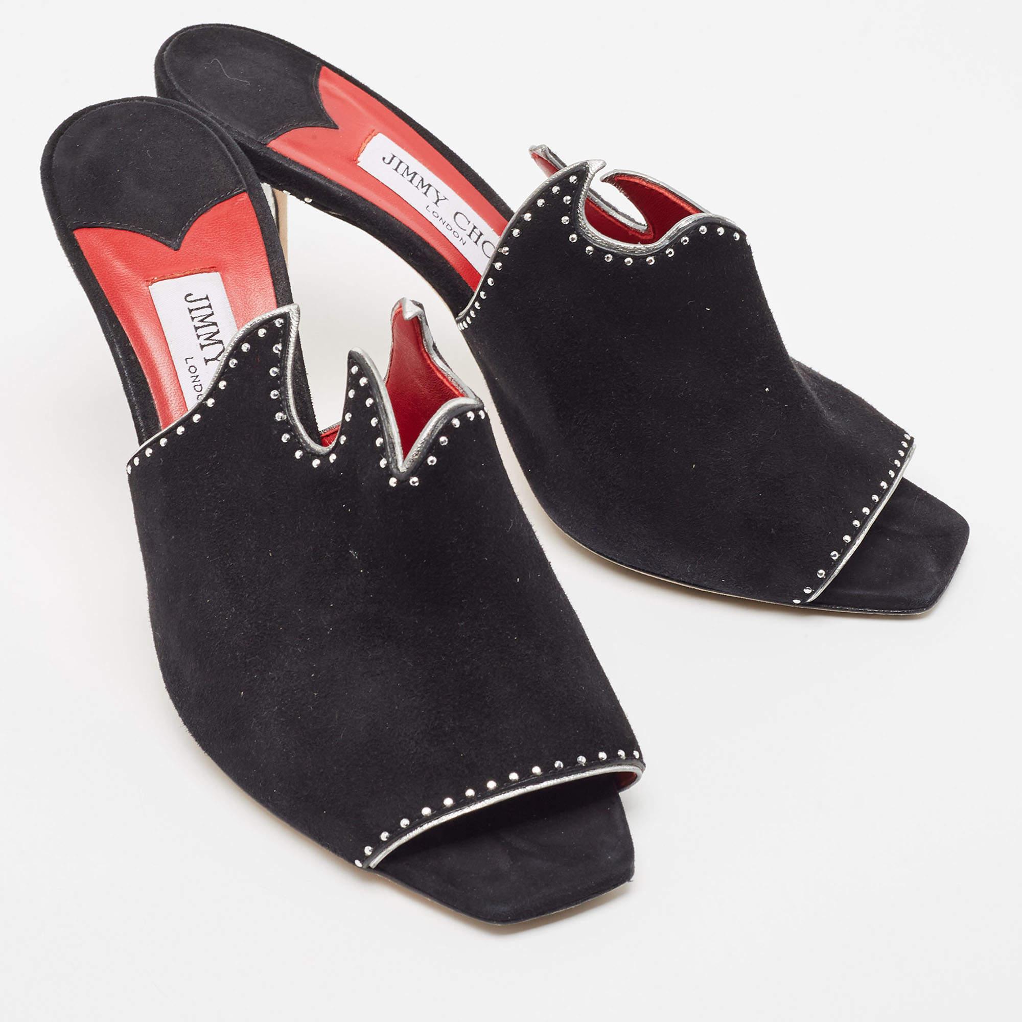 Jimmy Choo Black/Silver Suede Mahi Cutout Mule Sandals Size 39 For Sale 1