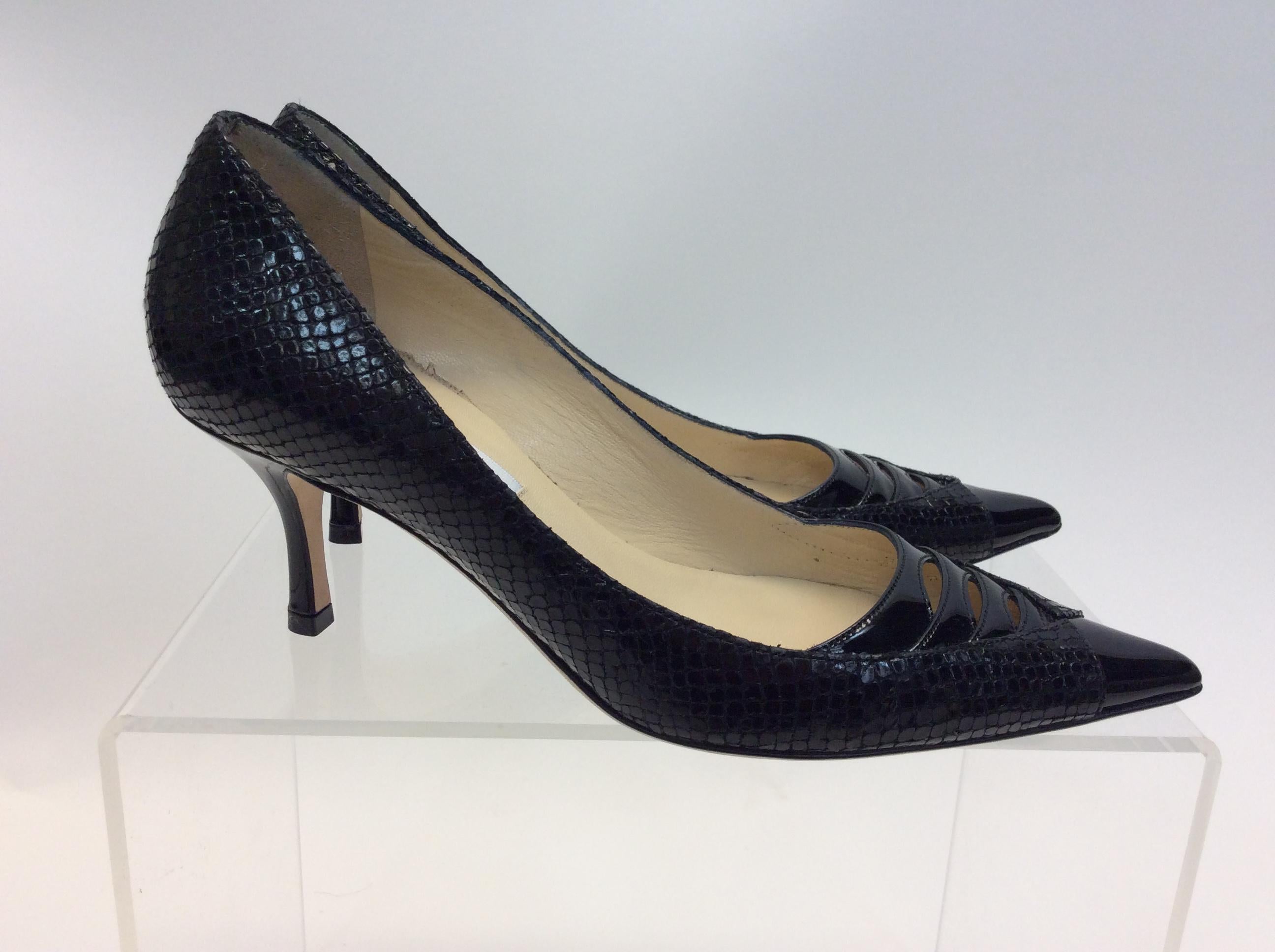 Women's Jimmy Choo Black Skin and Patent Leather Heels For Sale