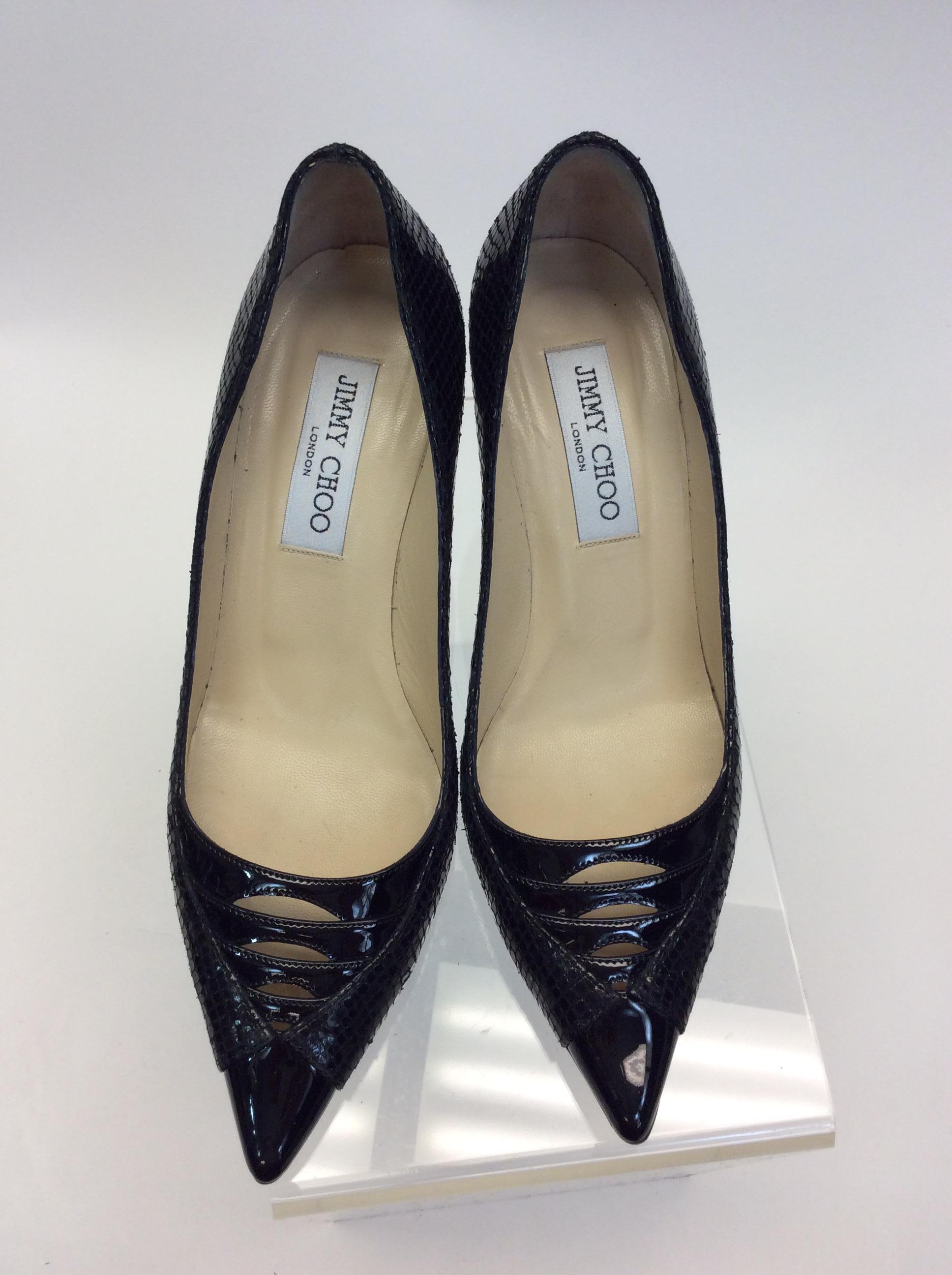 Jimmy Choo Black Skin and Patent Leather Heels For Sale 2