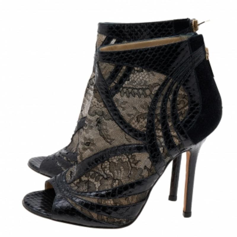 Jimmy Choo Black Snakeskin and Lace Peep Toe Booties Size 37.5 In Good Condition For Sale In Dubai, Al Qouz 2