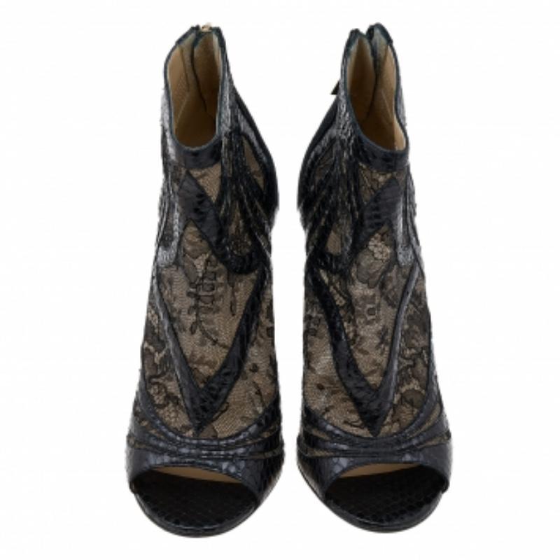 Women's Jimmy Choo Black Snakeskin and Lace Peep Toe Booties Size 37.5 For Sale