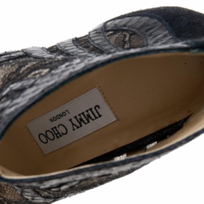 Jimmy Choo Black Snakeskin and Lace Peep Toe Booties Size 37.5 For Sale 1