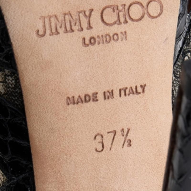 Jimmy Choo Black Snakeskin and Lace Peep Toe Booties Size 37.5 For Sale 2