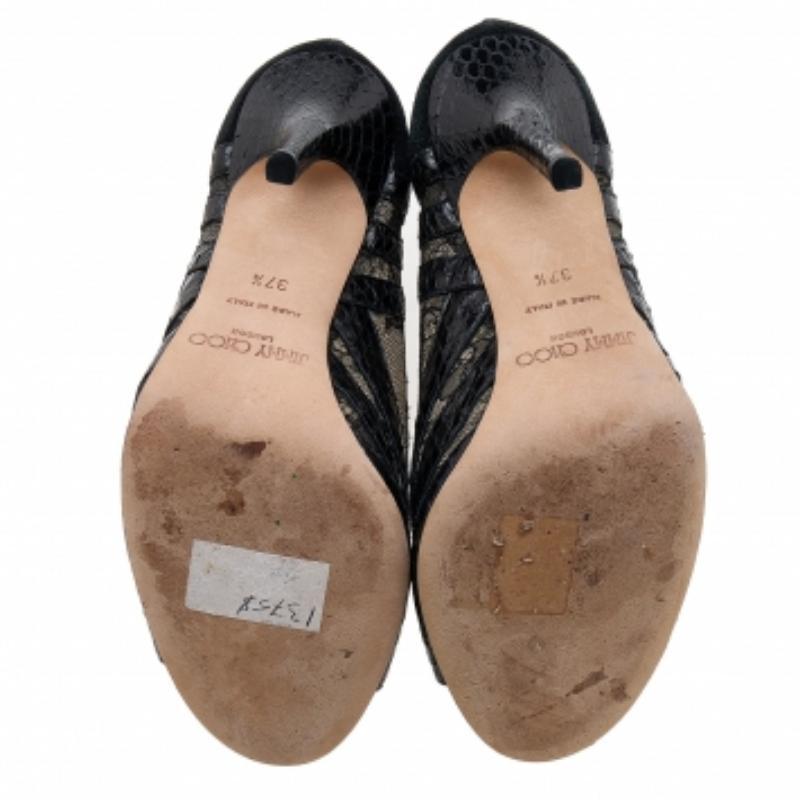 Jimmy Choo Black Snakeskin and Lace Peep Toe Booties Size 37.5 For Sale 4