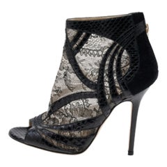Jimmy Choo Black Snakeskin and Lace Peep Toe Booties Size 37.5