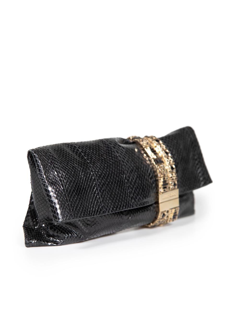 CONDITION is Very good. Minimal wear to bag is evident. Minimal wear to the rear with a peeling scale and there are light scratches to the metal hardware on this used Jimmy Choo designer resale item.
 
 
 
 Details
 
 
 Black
 
 Snakeskin
 
 Medium