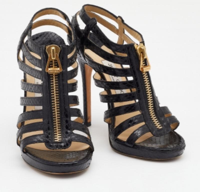 Women's Jimmy Choo Black Snakeskin Glenys Gladiator Platform Sandals Size 36.5 For Sale