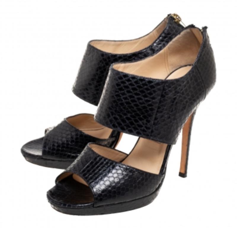 Jimmy Choo Sandales privées en cuir de serpent noir Taille 38 en vente 2