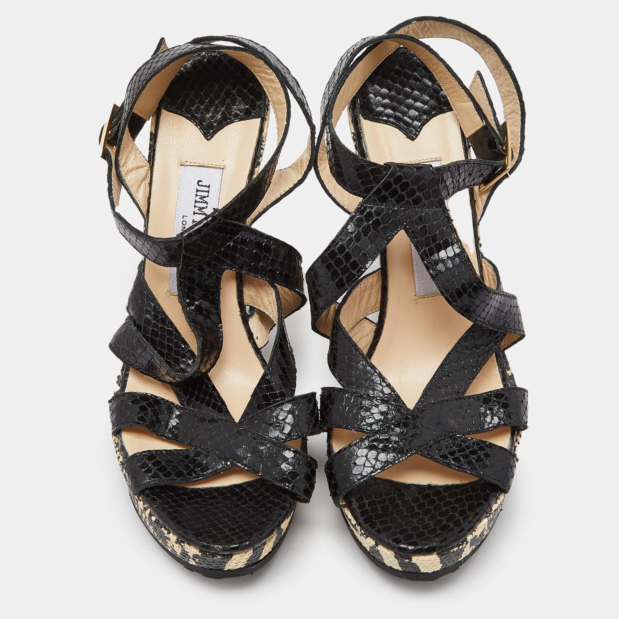 Jimmy Choo Black Snakeskin Platform Wedge Sandals Size 38 In New Condition For Sale In Dubai, Al Qouz 2