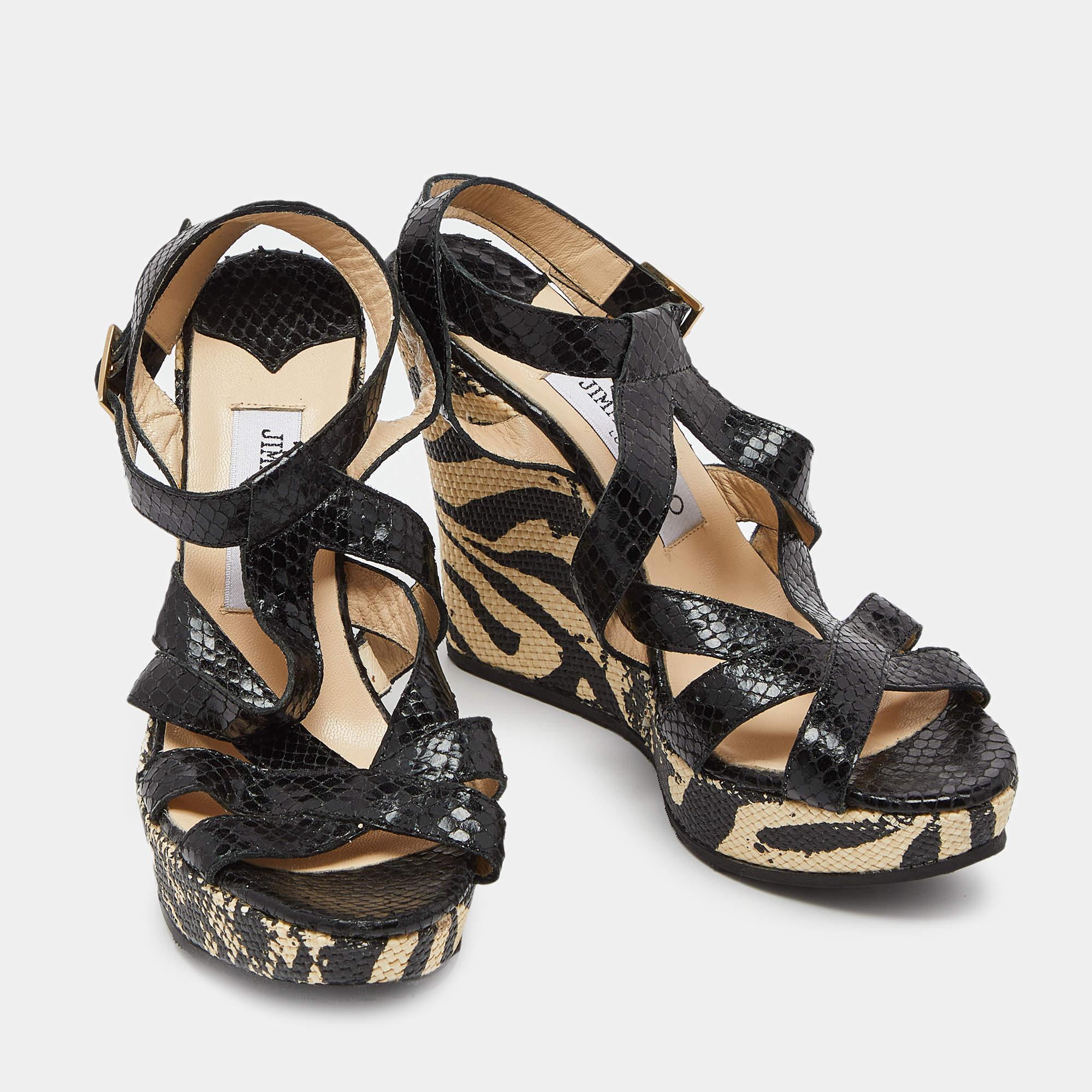 Women's Jimmy Choo Black Snakeskin Platform Wedge Sandals Size 38 For Sale