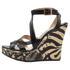 Jimmy Choo Black Snakeskin Platform Wedge Sandals Size 38