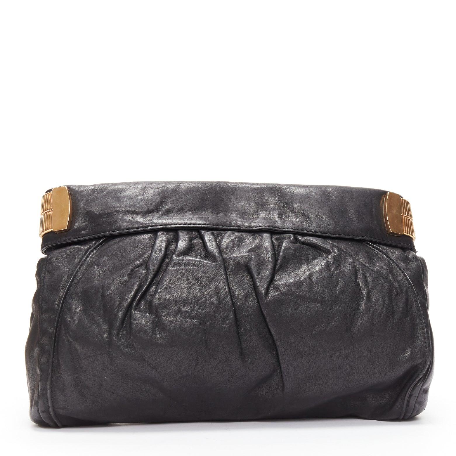 Women's JIMMY CHOO black soft leather gold chain logo zip oversized clutch bag