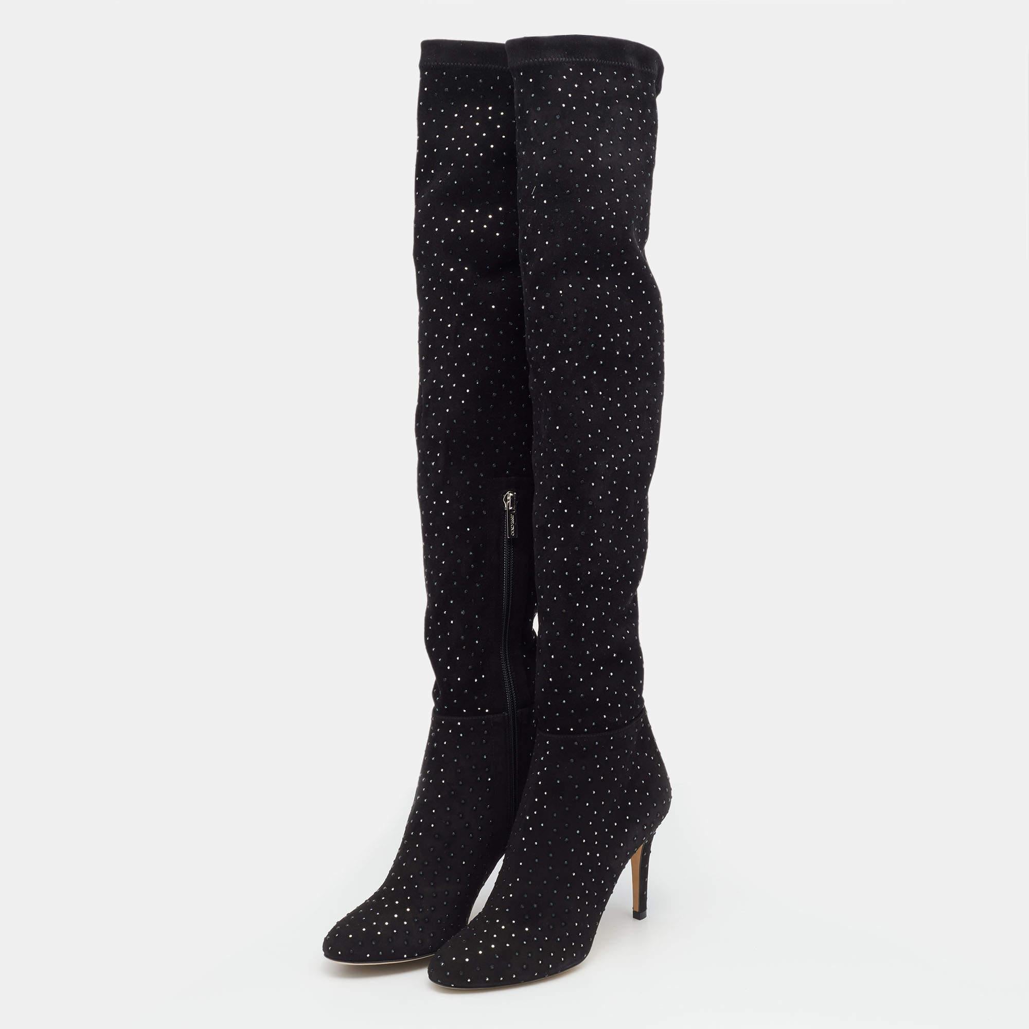 Jimmy Choo Black Stretch Fabric Crystal Embellished Thigh High Boots Size 36.5 In New Condition For Sale In Dubai, Al Qouz 2