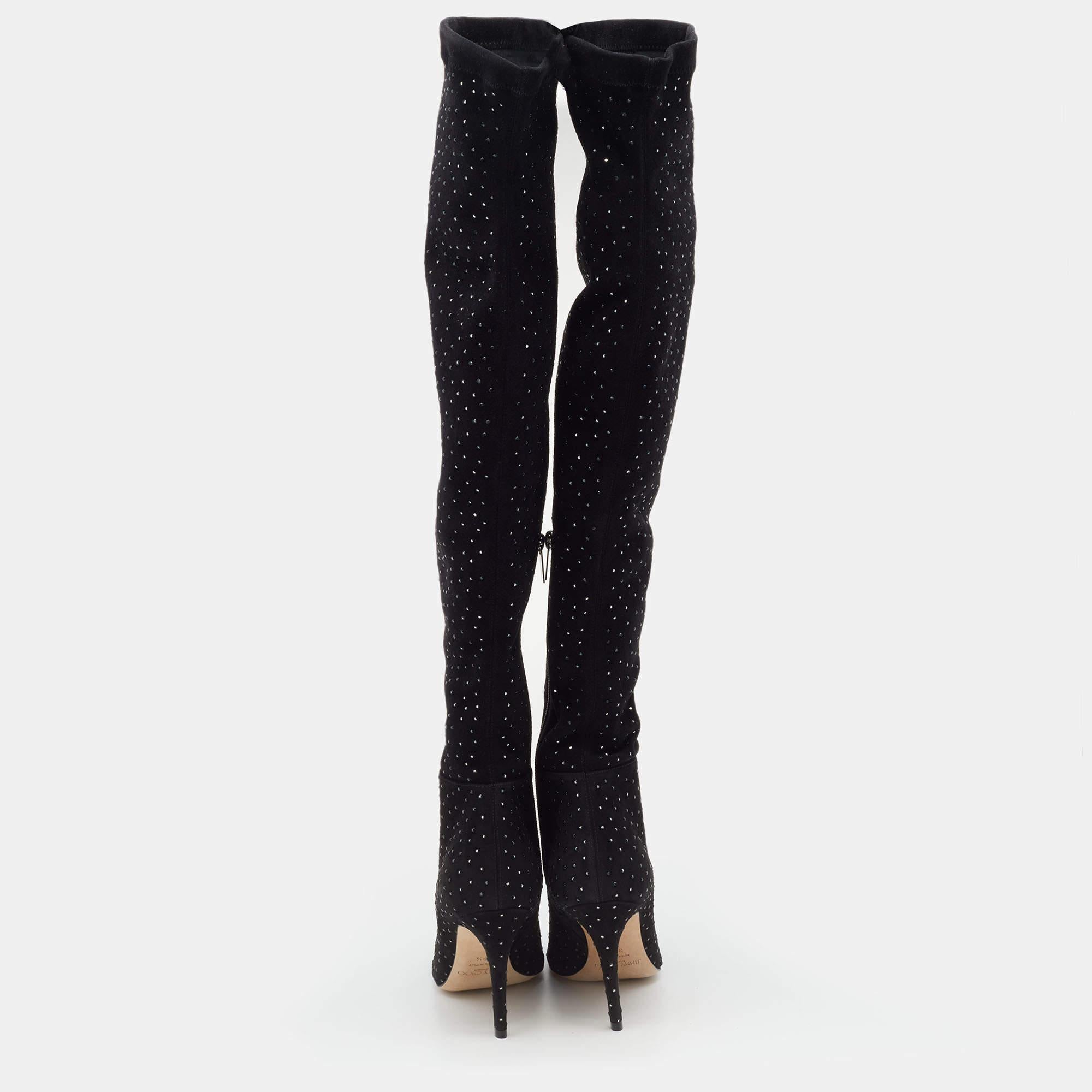 Women's Jimmy Choo Black Stretch Fabric Crystal Embellished Thigh High Boots Size 36.5 For Sale