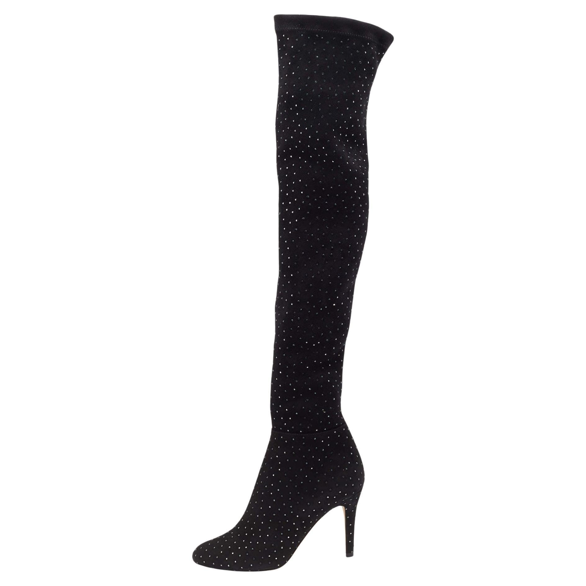Jimmy Choo Black Stretch Fabric Crystal Embellished Thigh High Boots Size 36.5 For Sale