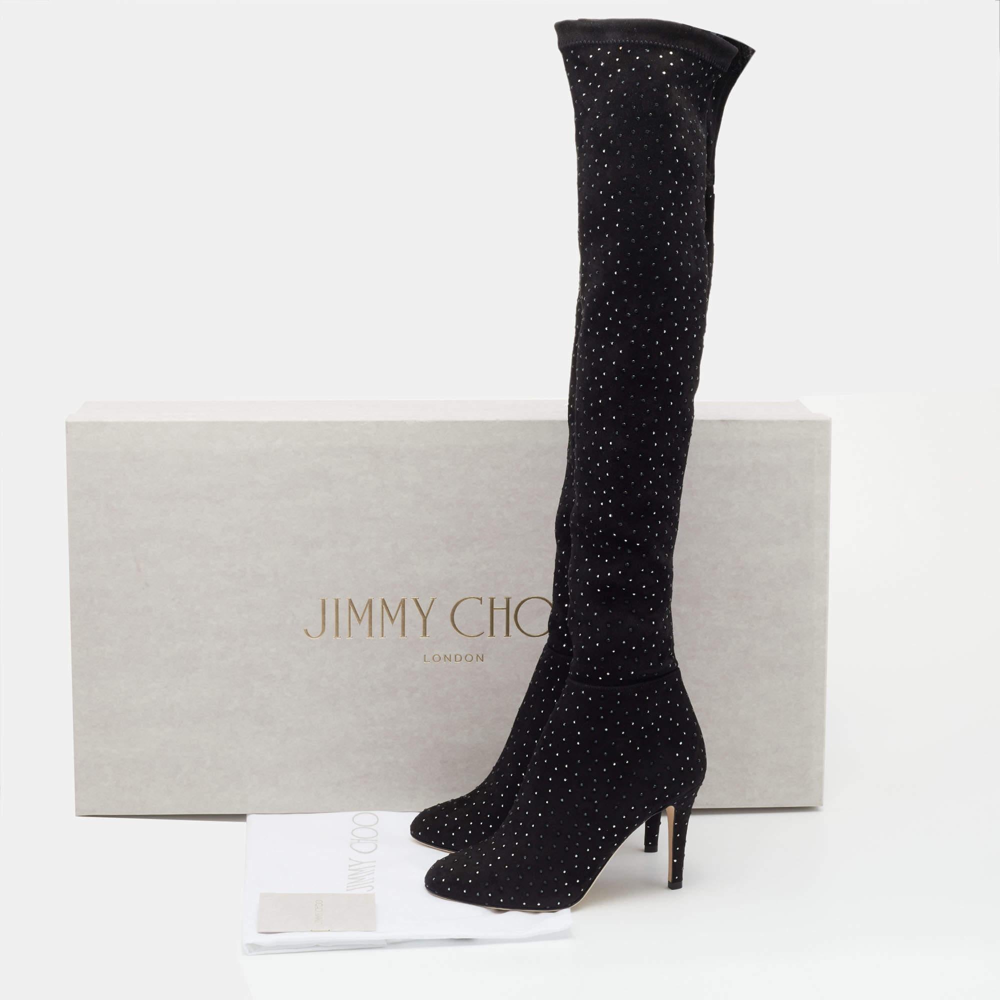Women's Jimmy Choo Black Stretch Fabric Toni Crystal Embellished Thigh High Boots Size 3