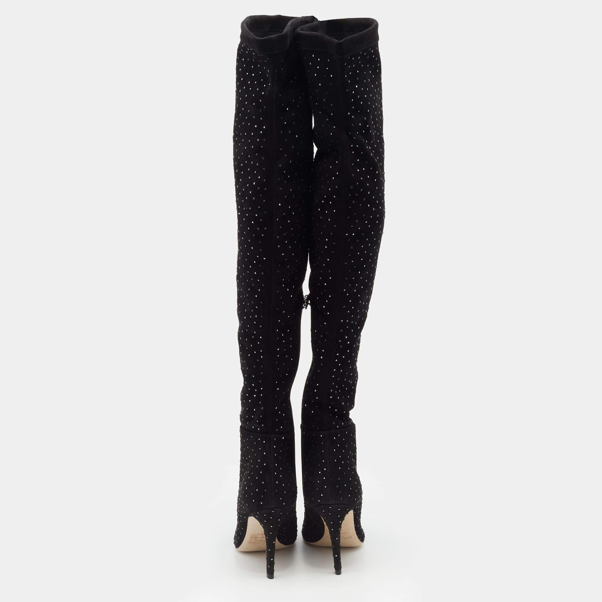 Jimmy Choo Black Stretch Fabric Toni Crystal Embellished Thigh High Boots Size 3 1