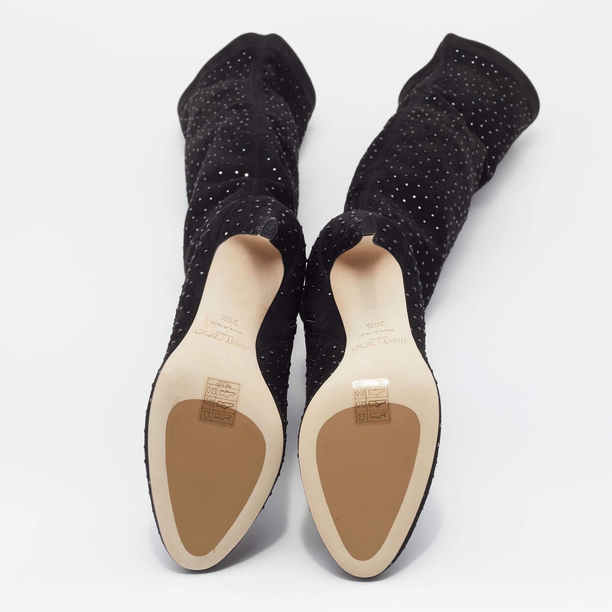 Jimmy Choo Black Stretch Fabric Toni Crystal Embellished Thigh High Boots Size 3 3