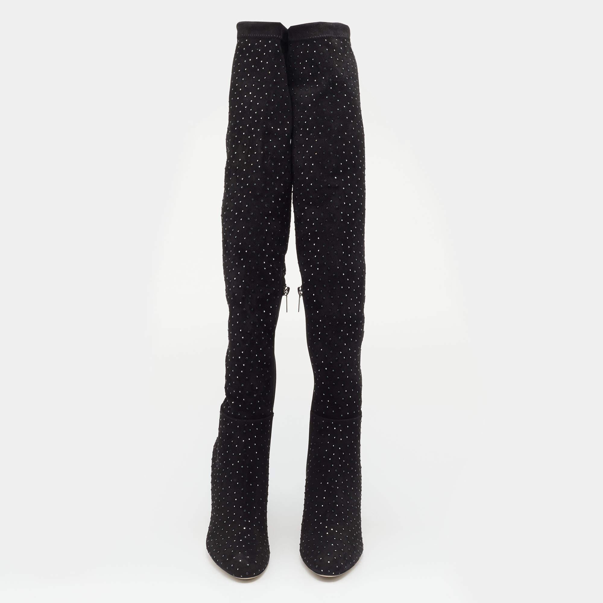 Jimmy Choo Black Stretch Fabric Toni Crystal Embellished Thigh High Boots Size 3 4